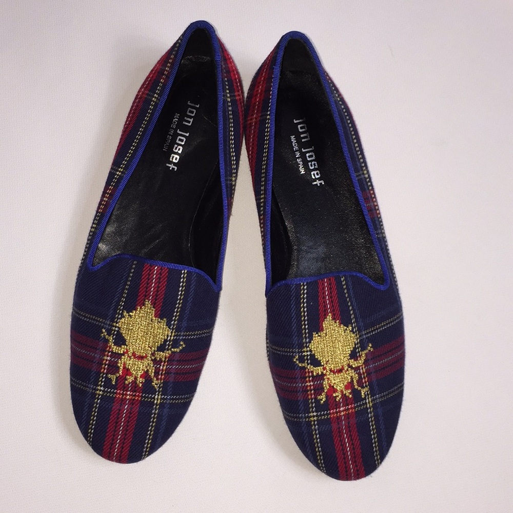 Jon Josef Bumbleb Navy Plaid Fabric Loafer Flat - Picture 2 of 10